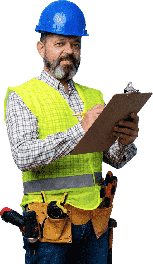 Plumber in a hard hat and safety vest holding a clipboard